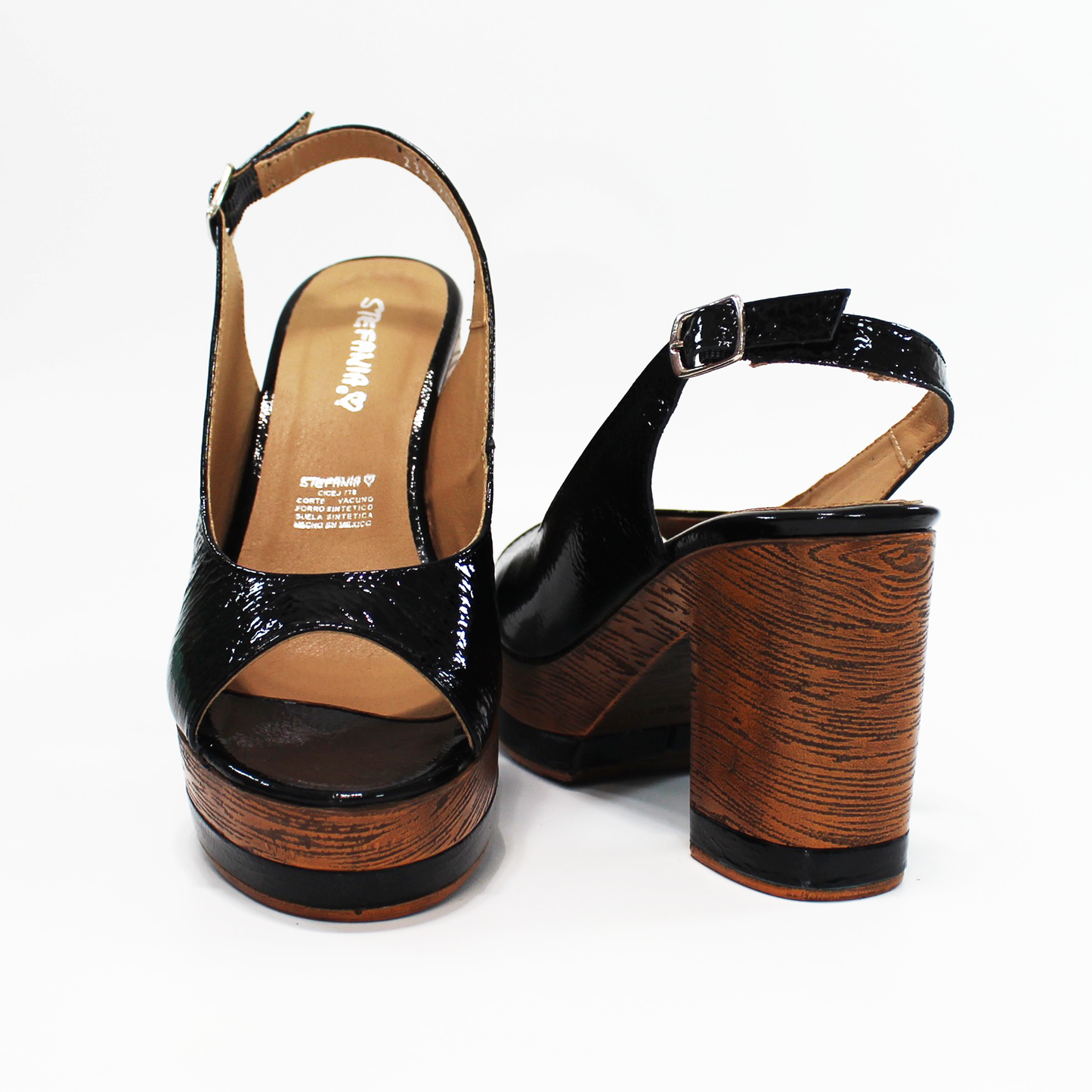 Sandalias de Tacón Plataforma Madera Piel Negro Charol de Dama STEFANIA