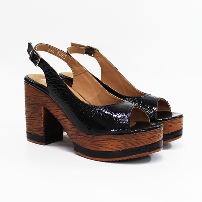 Sandalias de Tacón Plataforma Madera Piel Negro Charol de Dama STEFANIA
