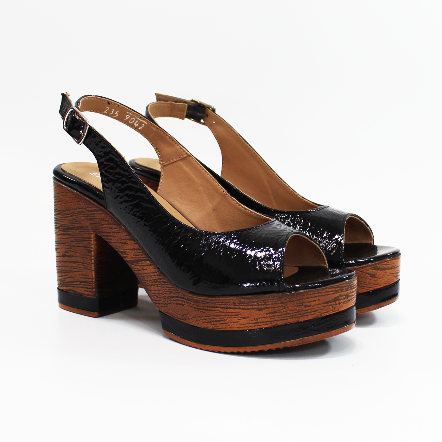 Sandalias de Tacón Plataforma Madera Piel Negro Charol de Dama STEFANIA