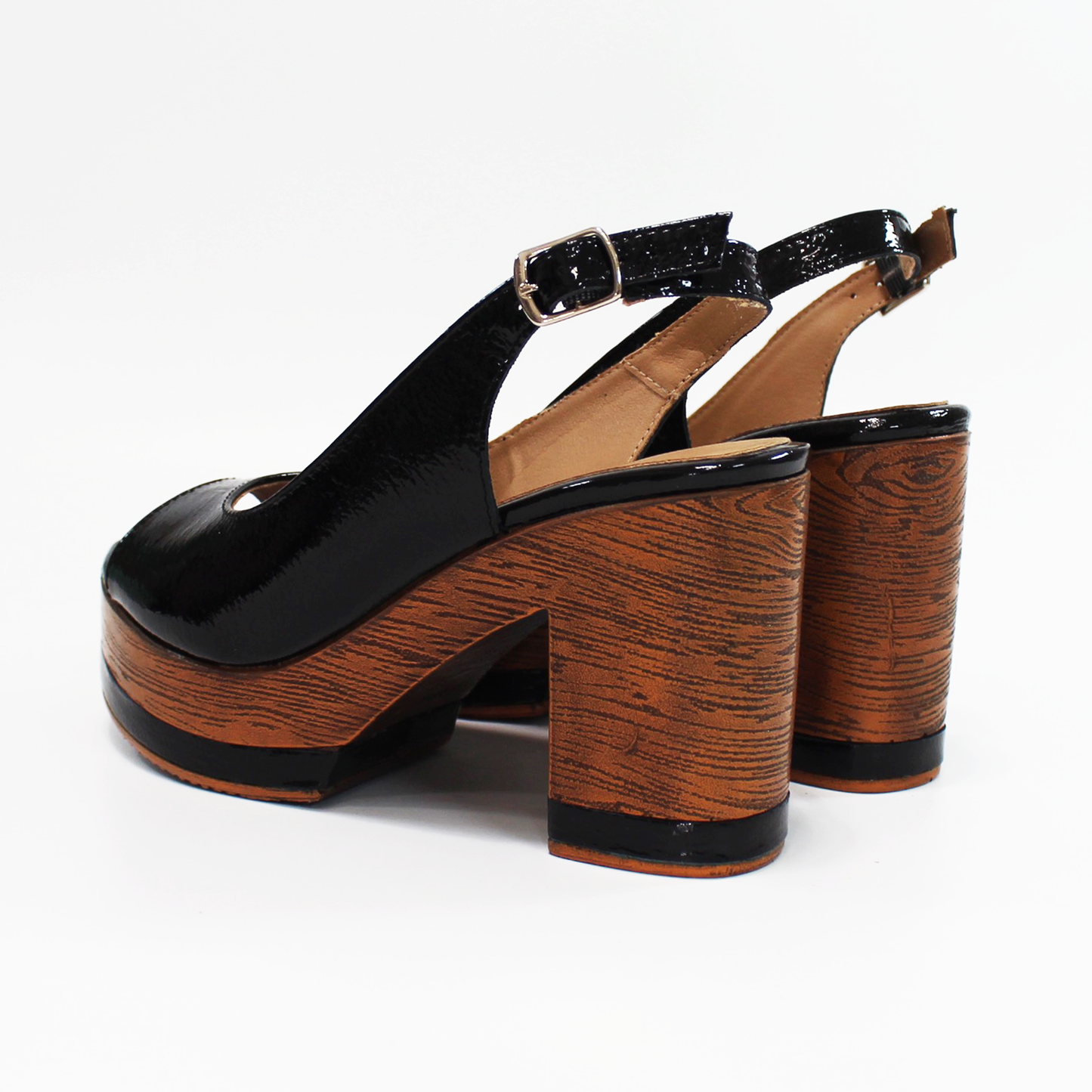 Sandalias de Tacón Plataforma Madera Piel Negro Charol de Dama STEFANIA